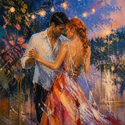 an original couple dancing under string lights in a garden at dusk: a man with short black hair in a linen shirt and a woman with braided red hair in a summer dress