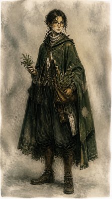 full-body original character: a wandering botanist with a satchel of plants, a patched green cloak, tall boots and round glasses, neutral background
