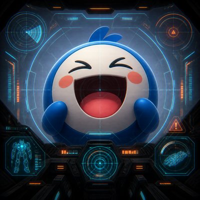 an exaggerated laughing face of an original round mascot character, bold and readable at small size, plain background, no text