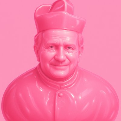 a pink statue of a man with a crown on his head