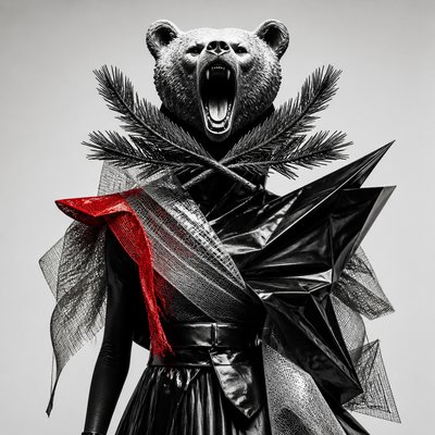 a roaring bear head above crossed pine branches, bold graphic composition on a plain background, no text