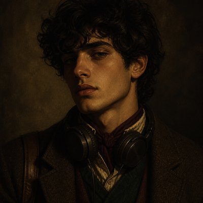 head-and-shoulders portrait of an original character: a young man with curly dark hair and headphones around his neck, plain backdrop, no text