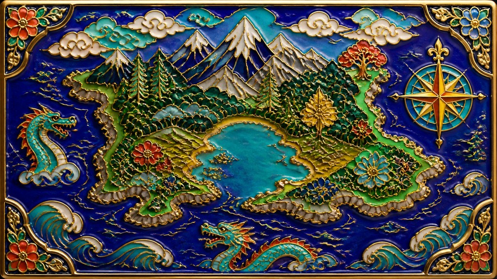 a map of an island realm with mountains, forests, a sheltered bay, sea monsters in the water and a compass rose, no text labels