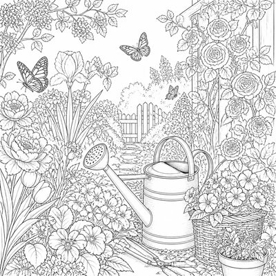 a garden scene with butterflies, flowers and a watering can, clean uncolored line art, no text