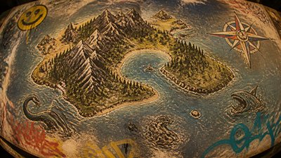 a map of an island realm with mountains, forests, a sheltered bay, sea monsters in the water and a compass rose, no text labels