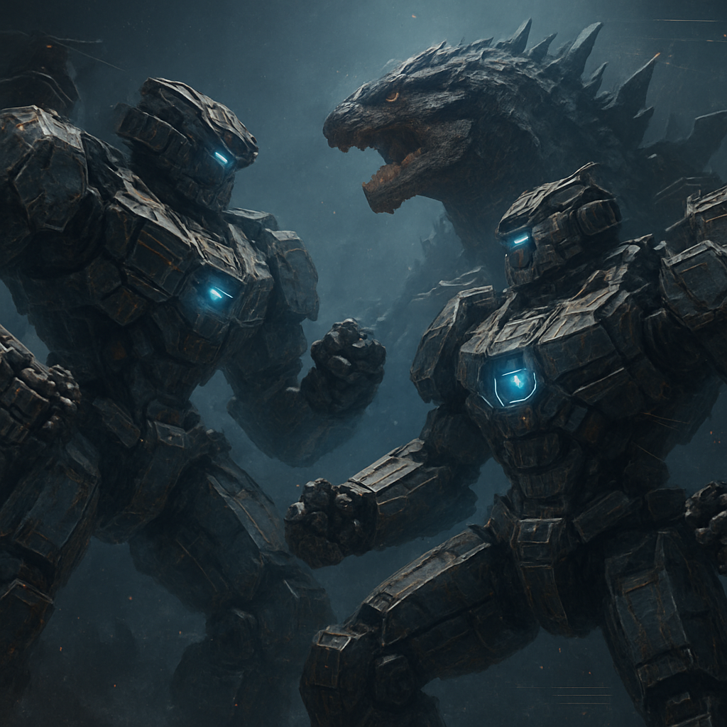 2 mechs battling each other and kaiju
