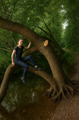 a man sitting on a tree branch next to a river