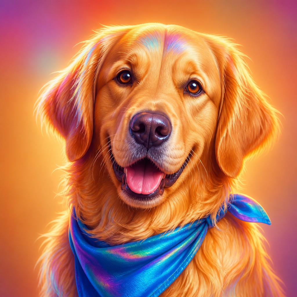portrait of a golden retriever wearing a blue bandana, warm plain backdrop, no text