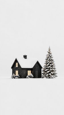 a snow-covered cottage with warm glowing windows beside a decorated pine tree, gentle snowfall, no text