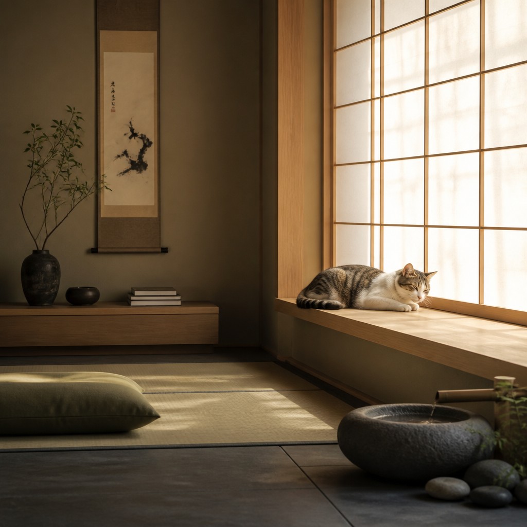 a cat lounging in a sunlit window — Zen Interior Design