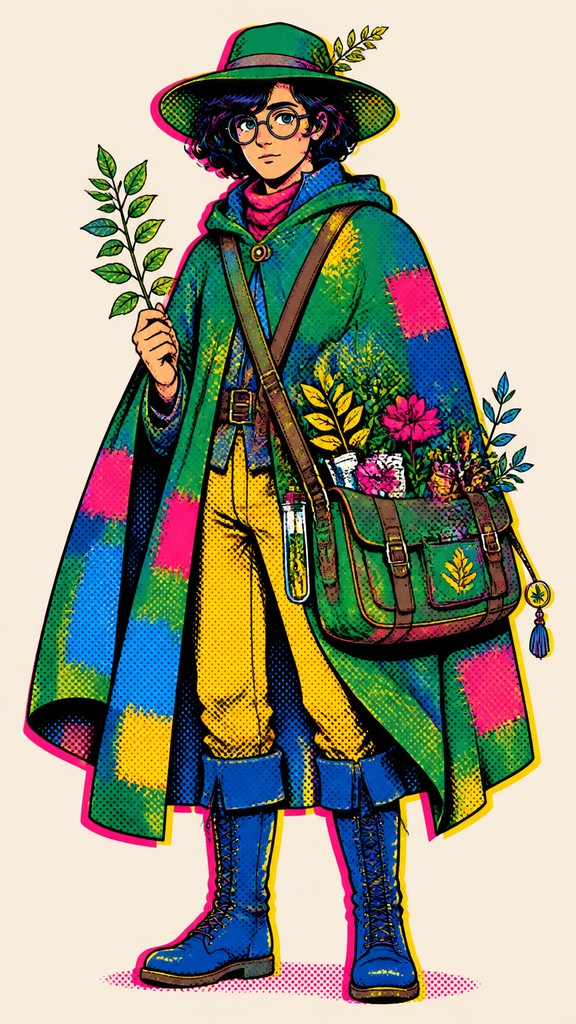full-body original character: a wandering botanist with a satchel of plants, a patched green cloak, tall boots and round glasses, neutral background