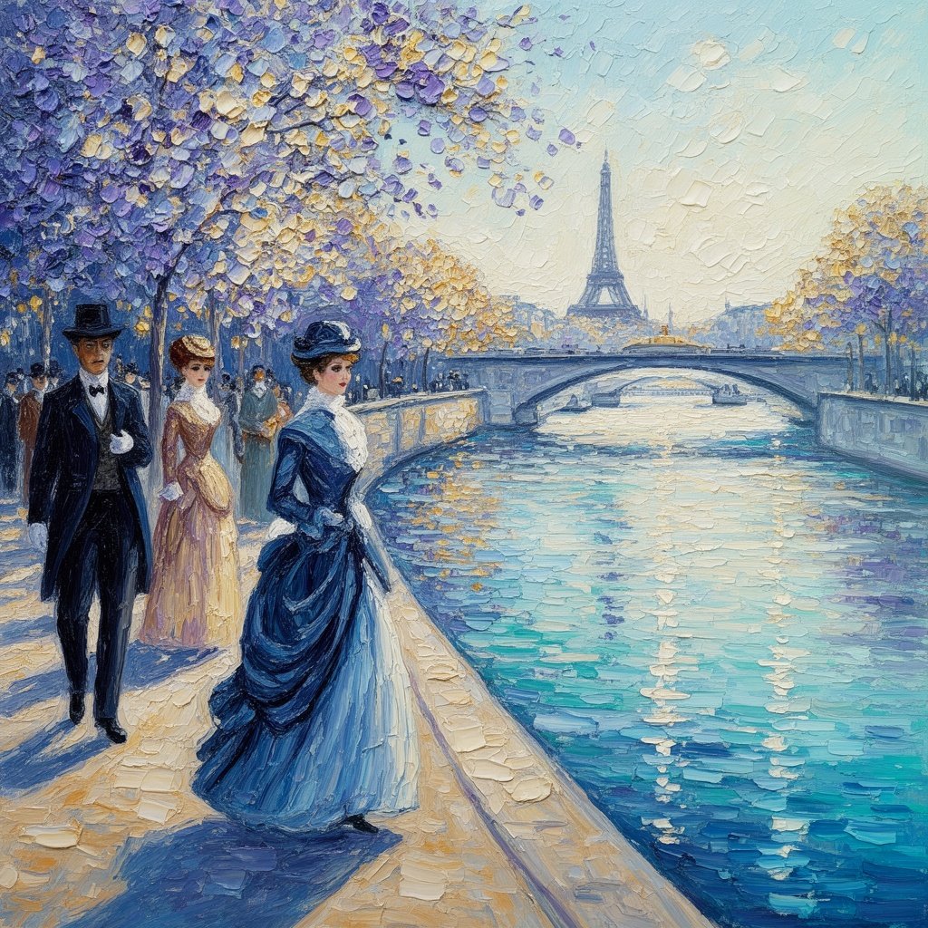 elegant Parisians in late 19th-century attire walking beside the River Seine, radiant lavender and gold foliage, mirror-like water reflections, bright afternoon light, pointillist texture layered with thick oil impasto, crisp sculptural brushwork, soft pigment ridges, vivid contrast between figures and background  Inspired by Neo-Impressionists like Seurat & Signac ...  reimagined with cinematic clarity and modern remixability.