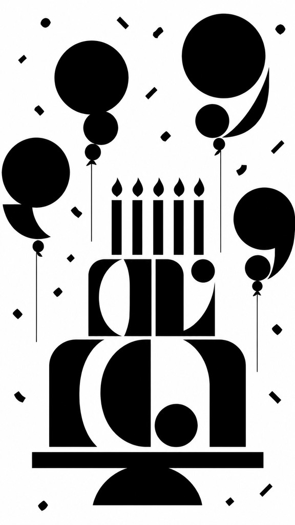 a birthday cake with lit candles surrounded by balloons and confetti, festive vertical composition, no text