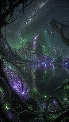 a tranquil mountain lake beneath a starry night sky, no people, no text
