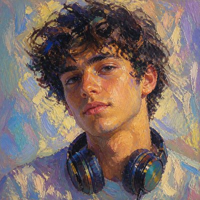 head-and-shoulders portrait of an original character: a young man with curly dark hair and headphones around his neck, plain backdrop, no text