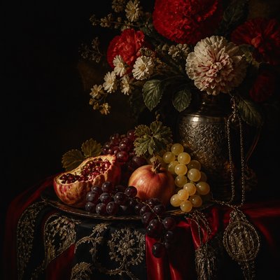 still life arrangement of fruits and flowers