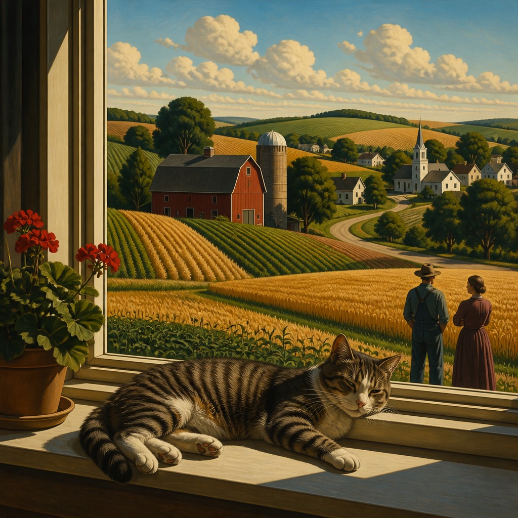 a cat lounging in a sunlit window — American Regionalism Art Style