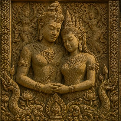 portrait of two people together — Cambodian Art Style