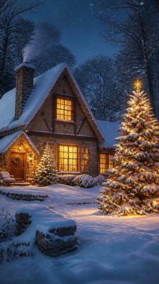 a snow-covered cottage with warm glowing windows beside a decorated pine tree, gentle snowfall, no text