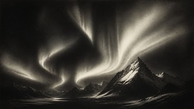 a flowing aurora over snowy peaks, wide sweeping composition, no people, no text