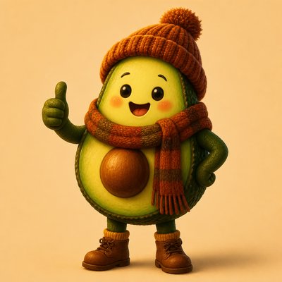 a happy avocado character giving a thumbs up, bold readable design on a plain background, no text