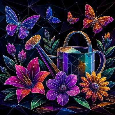 a garden scene with butterflies, flowers and a watering can, clean uncolored line art, no text