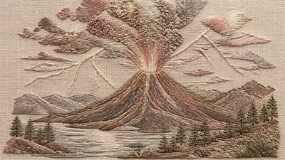 an erupting volcano with lightning strikes, dramatic wide composition, no text