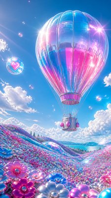 a hot air balloon drifting over rolling flower fields on a sunny day, cheerful, no text