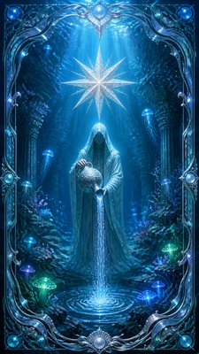 a robed figure pouring water beneath a large eight-pointed star in a night sky, symmetrical composition with an ornate decorative border, no text