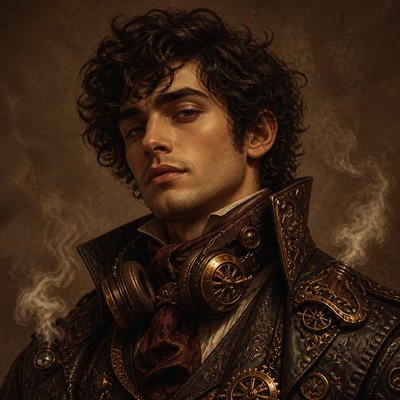 head-and-shoulders portrait of an original character: a young man with curly dark hair and headphones around his neck, plain backdrop, no text