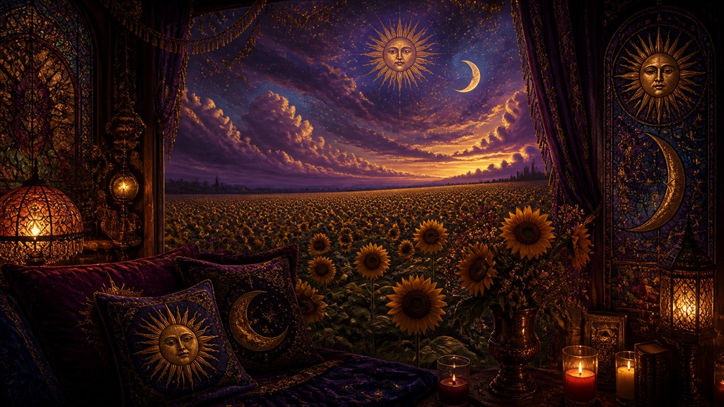 an endless field of sunflowers under summer clouds, no people