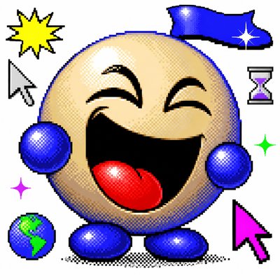 an exaggerated laughing face of an original round mascot character, bold and readable at small size, plain background, no text