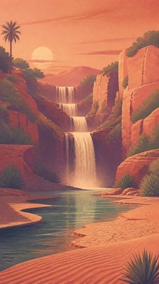 a cascading waterfall in a lush green gorge, no people