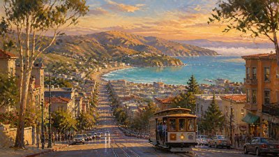 bustling city street panorama at dusk