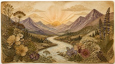 a vast valley with a river winding toward distant mountains at sunrise, no people, no text