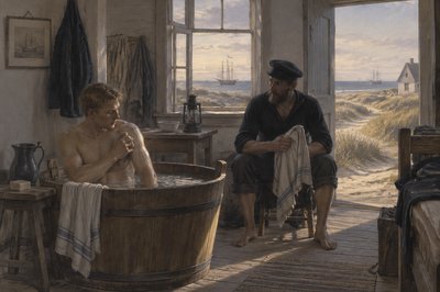 two sailors take turns washing in a tub