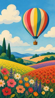 a hot air balloon drifting over rolling flower fields on a sunny day, cheerful, no text