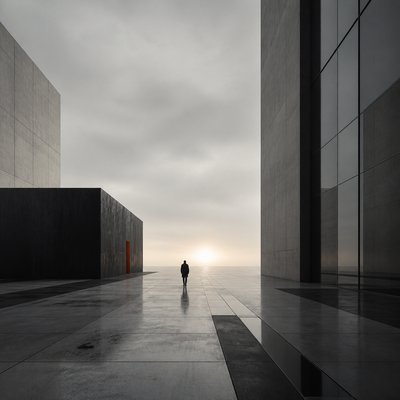 a solitary figure walking toward a glowing horizon across an empty plain, moody atmosphere, no text or lettering