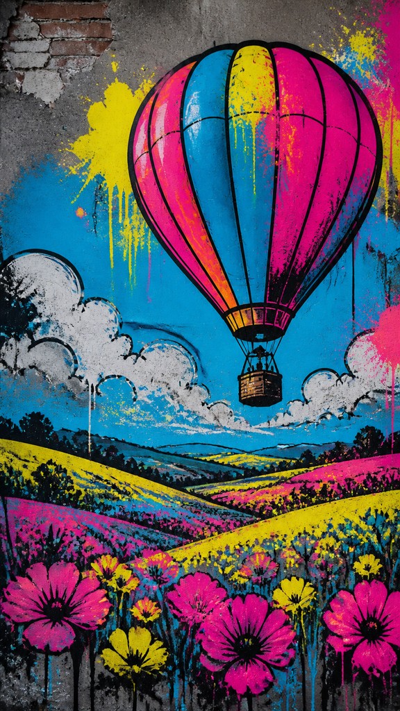 a hot air balloon drifting over rolling flower fields on a sunny day, cheerful, no text