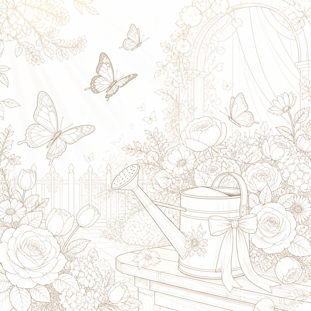 a garden scene with butterflies, flowers and a watering can, clean uncolored line art, no text