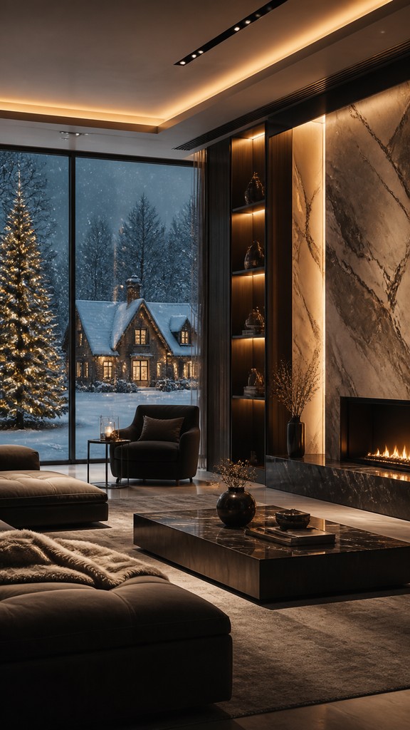 a snow-covered cottage with warm glowing windows beside a decorated pine tree, gentle snowfall, no text