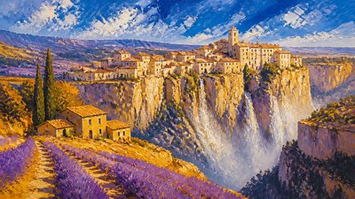 a cliffside city with waterfalls cascading into a misty canyon, wide establishing shot, no people, no text