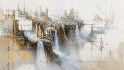 a cliffside city with waterfalls cascading into a misty canyon, wide establishing shot, no people, no text