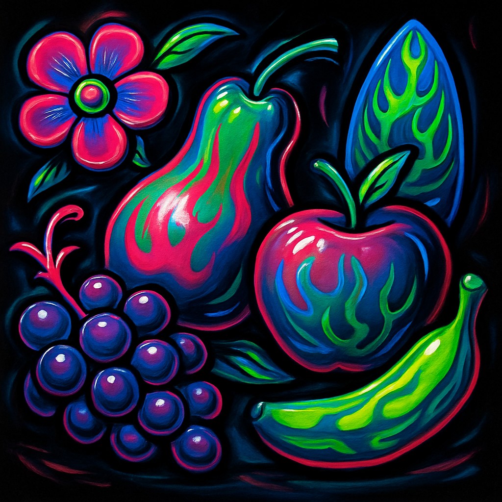 still life arrangement of fruits and flowers