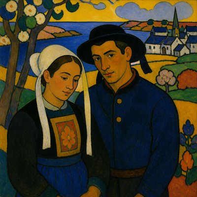 portrait of two people together — Pont-Aven Art Style