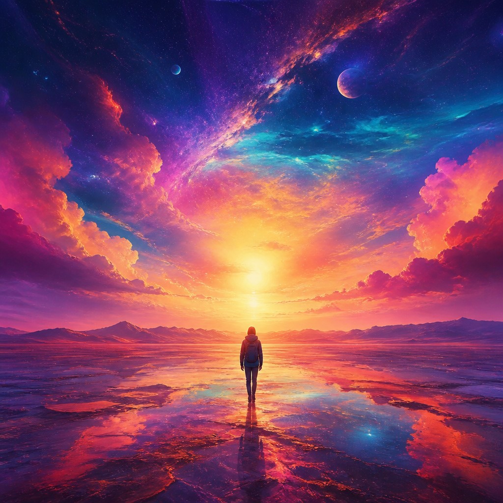 a solitary figure walking toward a glowing horizon across an empty plain, moody atmosphere, no text or lettering
