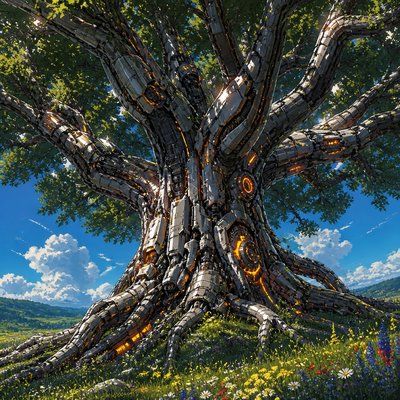 a large solitary oak tree in a grassy meadow with wildflowers, no people and no animals
