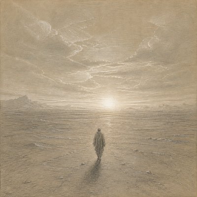 a solitary figure walking toward a glowing horizon across an empty plain, moody atmosphere, no text or lettering