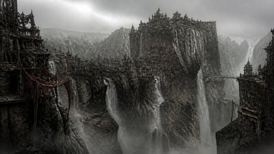 a cliffside city with waterfalls cascading into a misty canyon, wide establishing shot, no people, no text