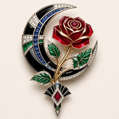 a rose entwined with a crescent moon, clean balanced composition on a plain background, no text